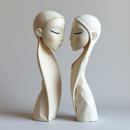 Abstract and symbolic minimalist sculptures representing love, crafted from papier-mâché with smooth faces and elongated, simple, and erotic forms