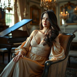 An elegant and timeless classic portrait of a woman sitting gracefully in a vintage armchair, wearing a flowing silk gown with intricate lace details