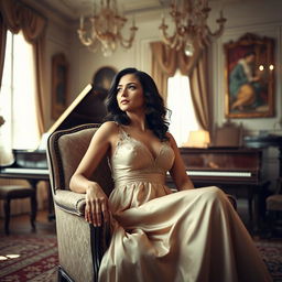 An elegant and timeless classic portrait of a woman sitting gracefully in a vintage armchair, wearing a flowing silk gown with intricate lace details