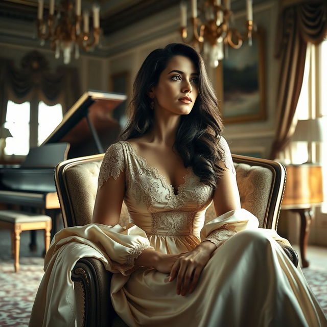 An elegant and timeless classic portrait of a woman sitting gracefully in a vintage armchair, wearing a flowing silk gown with intricate lace details