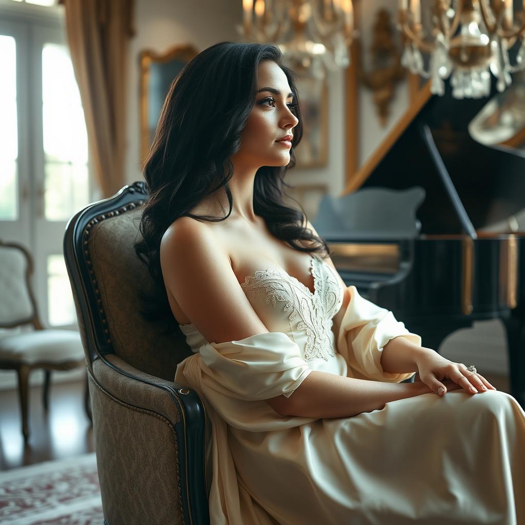 An elegant and timeless classic portrait of a woman sitting gracefully in a vintage armchair, wearing a flowing silk gown with intricate lace details