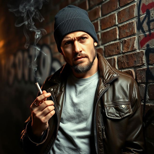 A rugged gang member leaning against a brick wall, wearing a leather jacket and beanie, exuding a tough demeanor