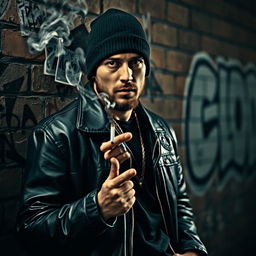 A rugged gang member leaning against a brick wall, wearing a leather jacket and beanie, exuding a tough demeanor