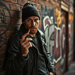 A rugged gang member leaning against a brick wall, wearing a leather jacket and beanie, exuding a tough demeanor