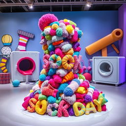 A visually striking sculpture that celebrates 'Sock Day', intricately designed with a blend of vibrant sock patterns and textures