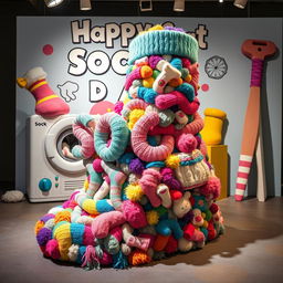 A visually striking sculpture that celebrates 'Sock Day', intricately designed with a blend of vibrant sock patterns and textures