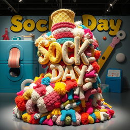 A visually striking sculpture that celebrates 'Sock Day', intricately designed with a blend of vibrant sock patterns and textures