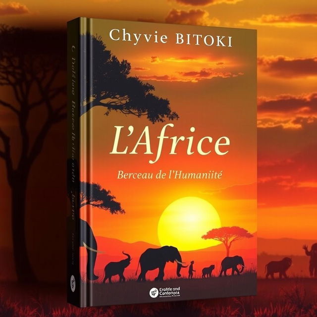 A captivating book cover for "Chyvie BITOKI: L'Afrique, Berceau de l'Humanité" featuring a lush, vibrant African landscape, with the silhouette of ancient hominids against a stunning sunset