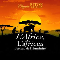 A captivating book cover for "Chyvie BITOKI: L'Afrique, Berceau de l'Humanité" featuring a lush, vibrant African landscape, with the silhouette of ancient hominids against a stunning sunset
