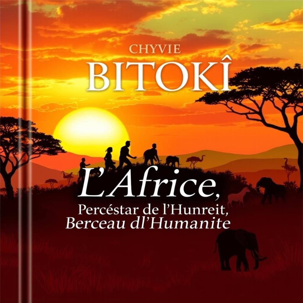 A captivating book cover for "Chyvie BITOKI: L'Afrique, Berceau de l'Humanité" featuring a lush, vibrant African landscape, with the silhouette of ancient hominids against a stunning sunset