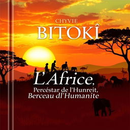 A captivating book cover for "Chyvie BITOKI: L'Afrique, Berceau de l'Humanité" featuring a lush, vibrant African landscape, with the silhouette of ancient hominids against a stunning sunset