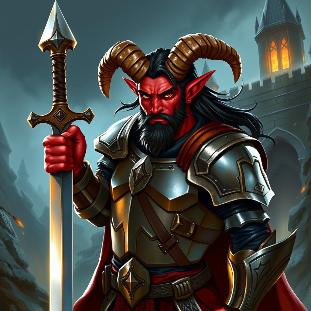 A heroic red-skinned male tiefling paladin standing confidently, wielding a gleaming sword, dressed in shining armor reflecting light, showcasing medium-sized ram's horns protruding from his forehead