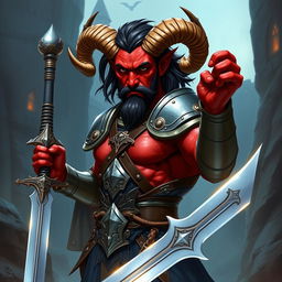 A heroic red-skinned male tiefling paladin standing confidently, wielding a gleaming sword, dressed in shining armor reflecting light, showcasing medium-sized ram's horns protruding from his forehead