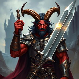 A heroic red-skinned male tiefling paladin standing confidently, wielding a gleaming sword, dressed in shining armor reflecting light, showcasing medium-sized ram's horns protruding from his forehead
