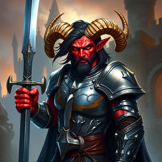 A heroic red-skinned male tiefling paladin standing confidently, wielding a gleaming sword, dressed in shining armor reflecting light, showcasing medium-sized ram's horns protruding from his forehead