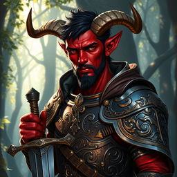 A strikingly detailed image of a red-skinned male tiefling paladin standing confidently with a sword in hand