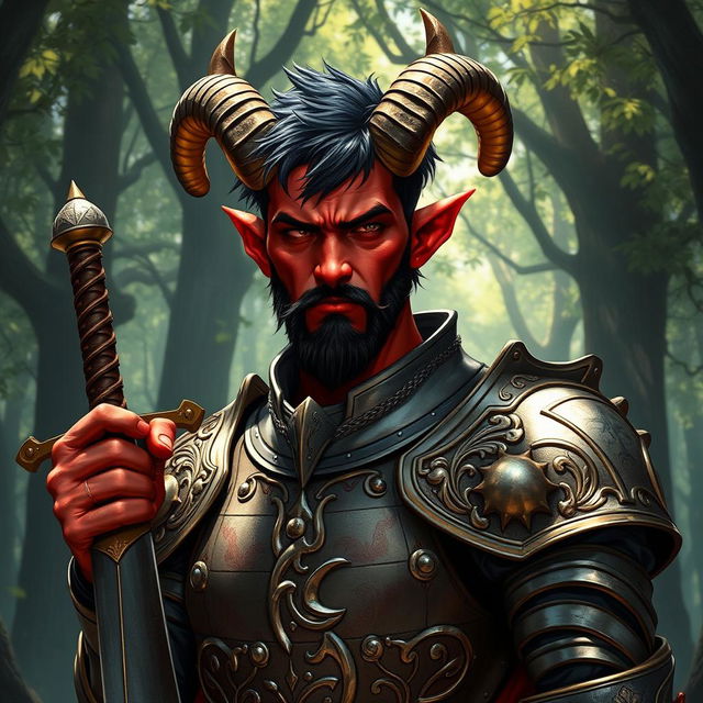 A strikingly detailed image of a red-skinned male tiefling paladin standing confidently with a sword in hand