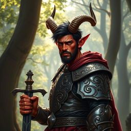 A strikingly detailed image of a red-skinned male tiefling paladin standing confidently with a sword in hand