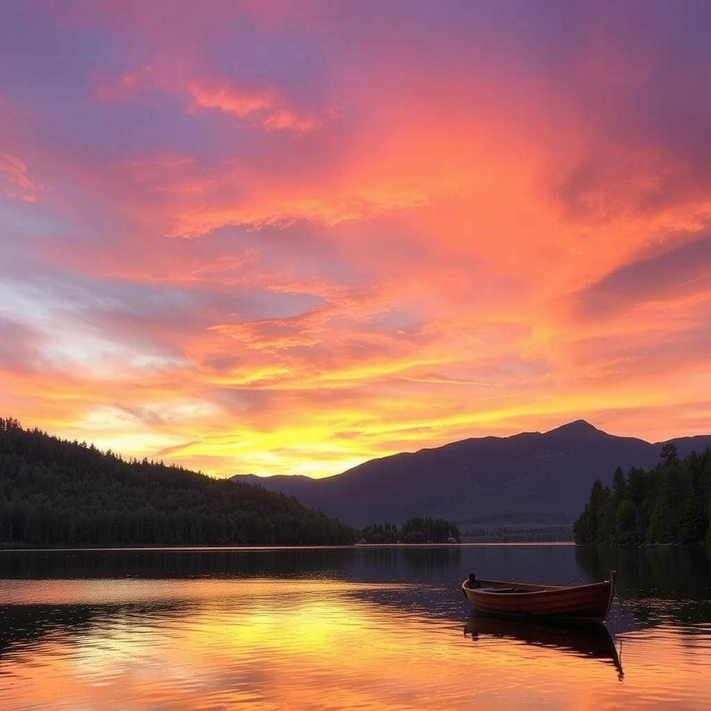 a beautiful sunset over a tranquil lake, the sky filled with vibrant hues of orange, pink, and purple, reflections shimmering on the water, surrounded by lush green trees and distant mountains, a small wooden boat gently floating on the lake, creating a serene and peaceful atmosphere