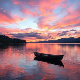 a beautiful sunset over a tranquil lake, the sky filled with vibrant hues of orange, pink, and purple, reflections shimmering on the water, surrounded by lush green trees and distant mountains, a small wooden boat gently floating on the lake, creating a serene and peaceful atmosphere