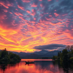 a beautiful sunset over a tranquil lake, the sky filled with vibrant hues of orange, pink, and purple, reflections shimmering on the water, surrounded by lush green trees and distant mountains, a small wooden boat gently floating on the lake, creating a serene and peaceful atmosphere