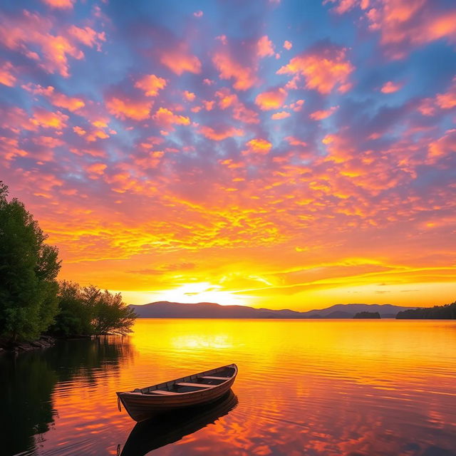 a beautiful sunset over a tranquil lake, the sky filled with vibrant hues of orange, pink, and purple, reflections shimmering on the water, surrounded by lush green trees and distant mountains, a small wooden boat gently floating on the lake, creating a serene and peaceful atmosphere