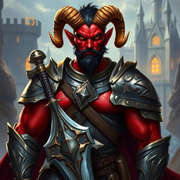 A powerful red-skinned male tiefling paladin exuding strength and confidence, standing tall with broad shoulders
