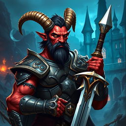 A powerful red-skinned male tiefling paladin exuding strength and confidence, standing tall with broad shoulders