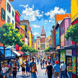 An impressionist painting depicting a vibrant and bustling cityscape, filled with colorful buildings, lively street scenes, and people engaging in various activities