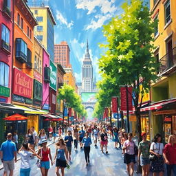 An impressionist painting depicting a vibrant and bustling cityscape, filled with colorful buildings, lively street scenes, and people engaging in various activities