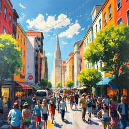 An impressionist painting depicting a vibrant and bustling cityscape, filled with colorful buildings, lively street scenes, and people engaging in various activities