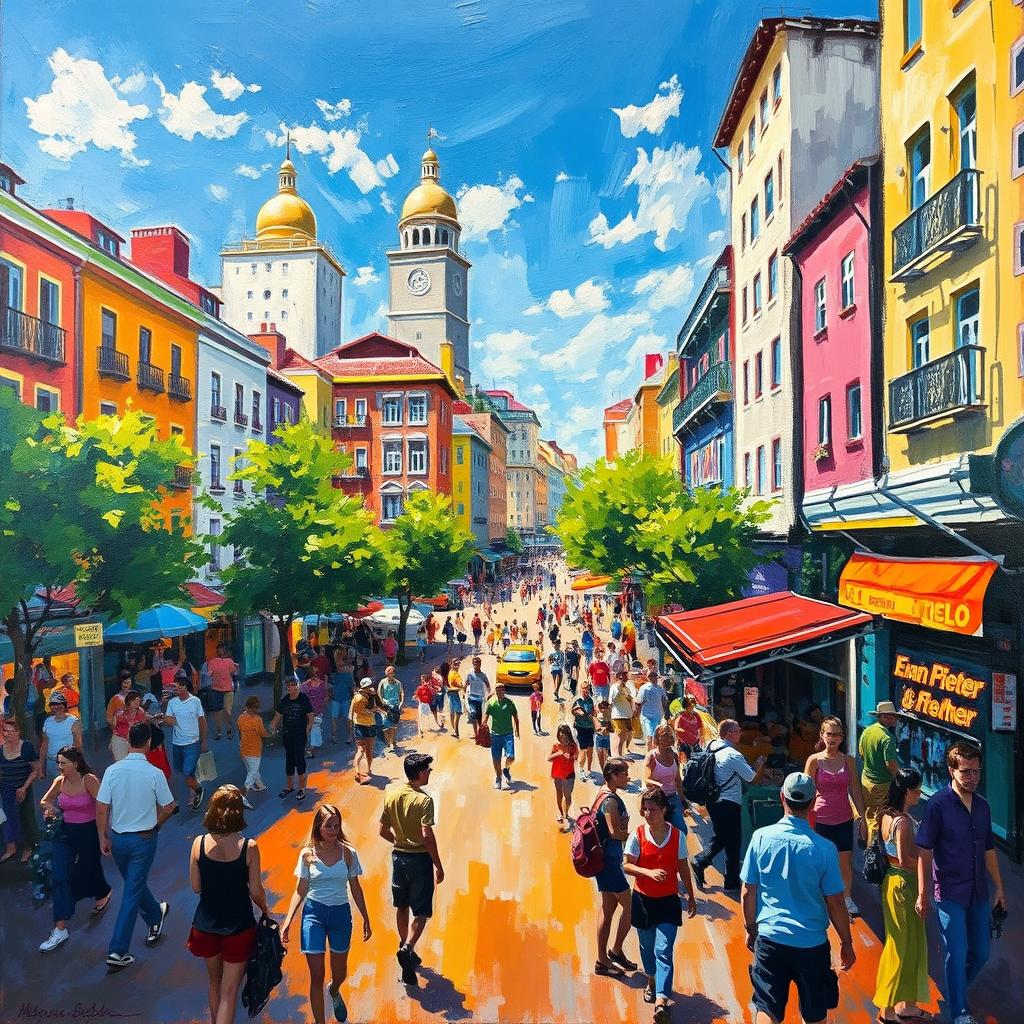 An impressionist painting depicting a vibrant and bustling cityscape, filled with colorful buildings, lively street scenes, and people engaging in various activities