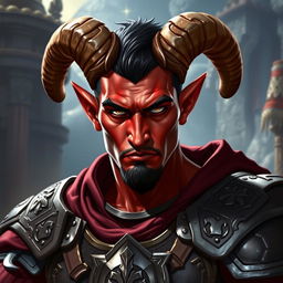 A striking red-skinned male tiefling paladin exuding strength and valor, featuring medium-sized ram's horns that elegantly curve from his forehead