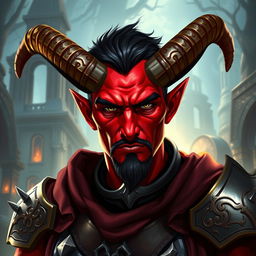 A striking red-skinned male tiefling paladin exuding strength and valor, featuring medium-sized ram's horns that elegantly curve from his forehead