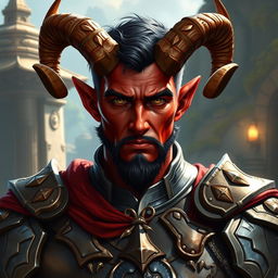 A striking red-skinned male tiefling paladin exuding strength and valor, featuring medium-sized ram's horns that elegantly curve from his forehead