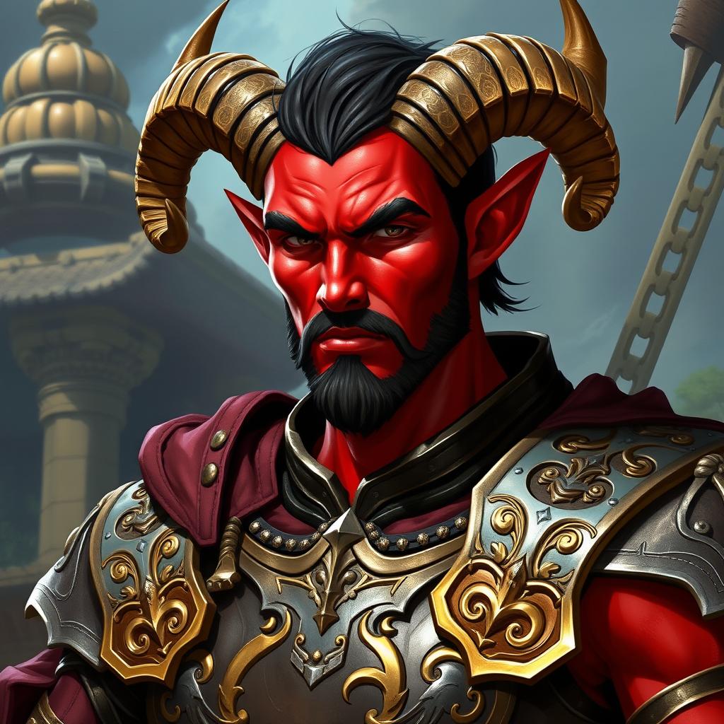 A striking red-skinned male tiefling paladin exuding strength and valor, featuring medium-sized ram's horns that elegantly curve from his forehead