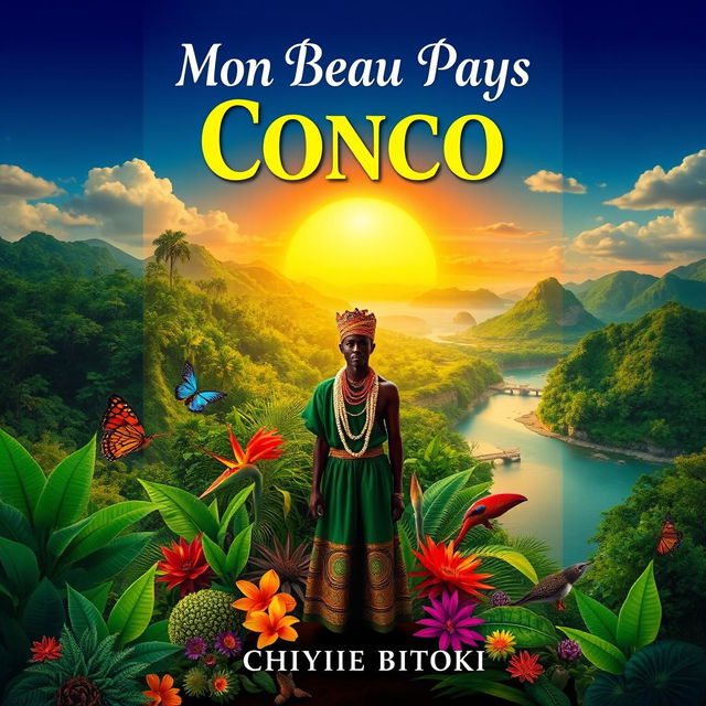 A stunning book cover design for 'Mon Beau Pays Congo' by Chyvie Bitoki, featuring a vibrant landscape of the Congo, showcasing lush green jungles, majestic rivers, and colorful flora and fauna