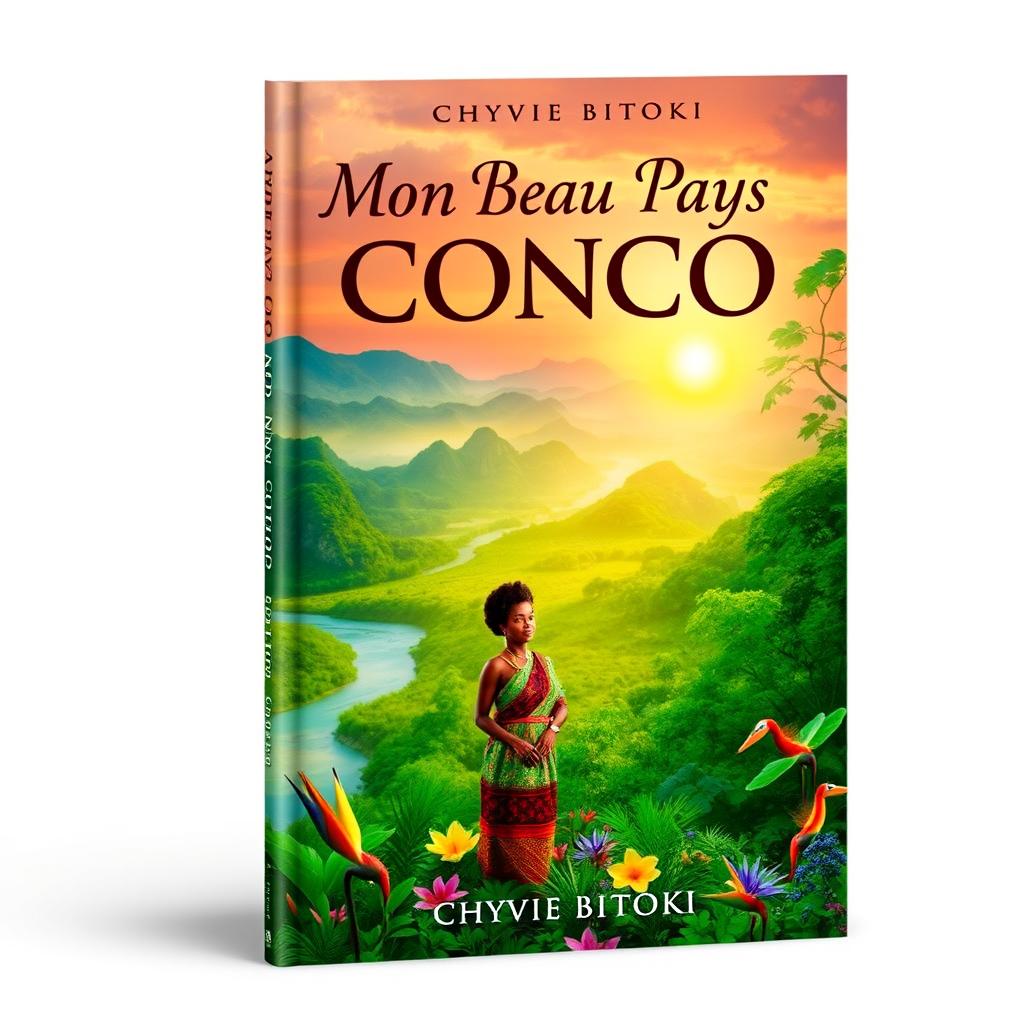 A stunning book cover design for 'Mon Beau Pays Congo' by Chyvie Bitoki, featuring a vibrant landscape of the Congo, showcasing lush green jungles, majestic rivers, and colorful flora and fauna