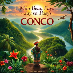 A stunning book cover design for 'Mon Beau Pays Congo' by Chyvie Bitoki, featuring a vibrant landscape of the Congo, showcasing lush green jungles, majestic rivers, and colorful flora and fauna
