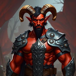 A muscular red-skinned male tiefling paladin stands heroically in intricately designed armor that showcases his powerful physique