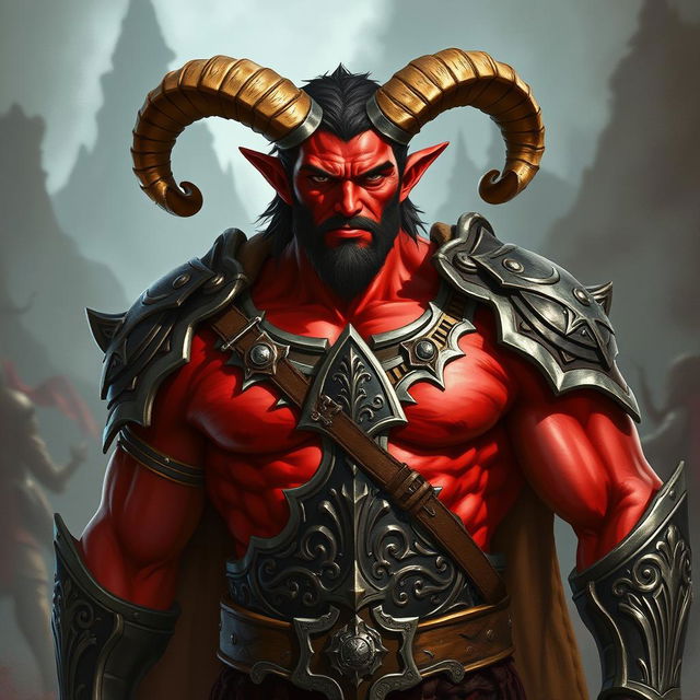 A muscular red-skinned male tiefling paladin stands heroically in intricately designed armor that showcases his powerful physique