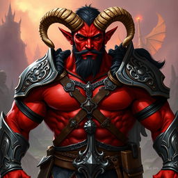 A muscular red-skinned male tiefling paladin stands heroically in intricately designed armor that showcases his powerful physique