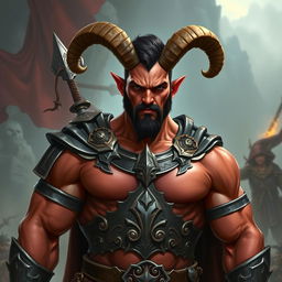 A muscular red-skinned male tiefling paladin stands heroically in intricately designed armor that showcases his powerful physique