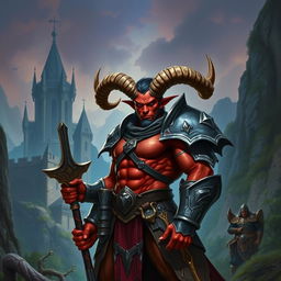 A formidable red-skinned male tiefling paladin standing in magnificent armor that highlights his muscular build
