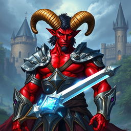 A formidable red-skinned male tiefling paladin standing in magnificent armor that highlights his muscular build