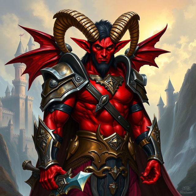 A formidable red-skinned male tiefling paladin standing in magnificent armor that highlights his muscular build