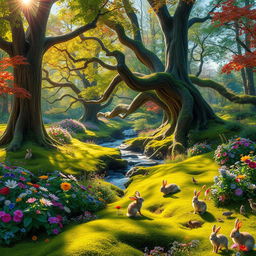 A vibrant and luscious forest scene filled with exuberant greenery and sunlight filtering through the vibrant leaves of old trees