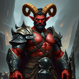 A powerful big red-skinned male tiefling paladin standing majestically in detailed armor that emphasizes his robust physique