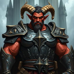 A powerful big red-skinned male tiefling paladin standing majestically in detailed armor that emphasizes his robust physique