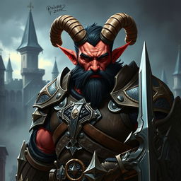 A big red-skinned male tiefling paladin stands boldly in intricately crafted armor that accentuates his imposing stature